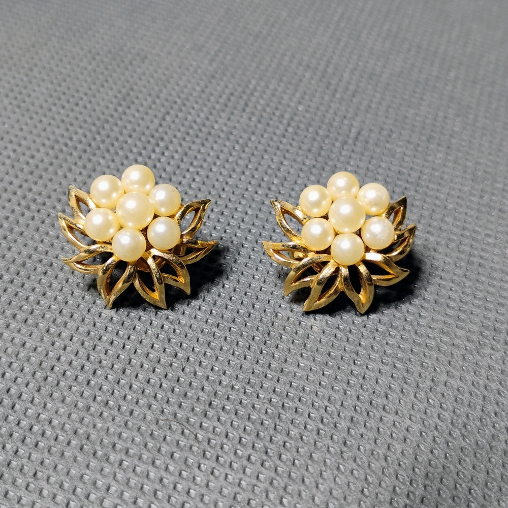 Trifari Gold And Faux Pearl Floral Earrings